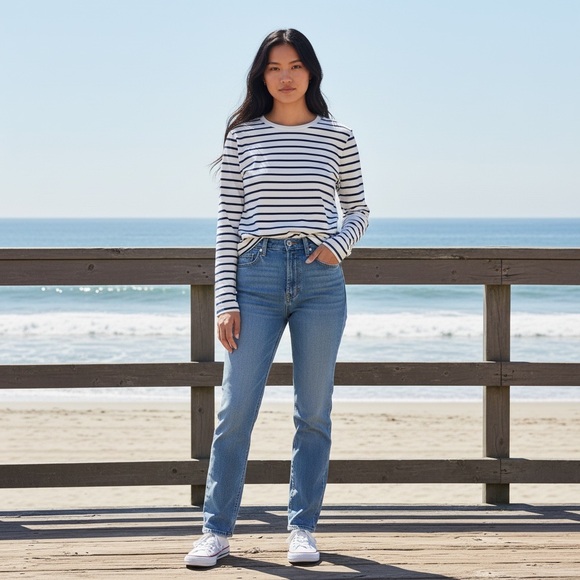 J. Crew Long-Sleeve Striped Everyday Tee Ivory & Antique Navy Size Large - Picture 2 of 8